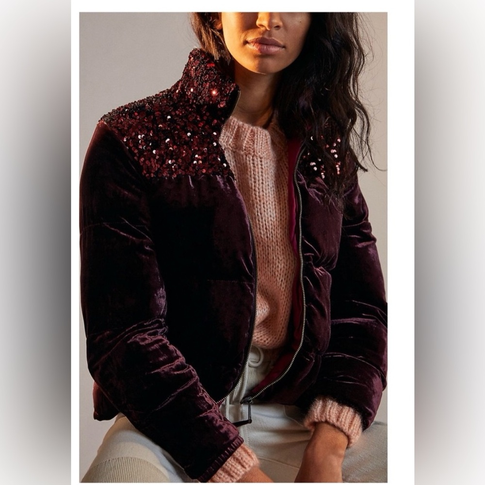 Anthropologie Burgundy Puffer Jacket with Embellished Shoulders